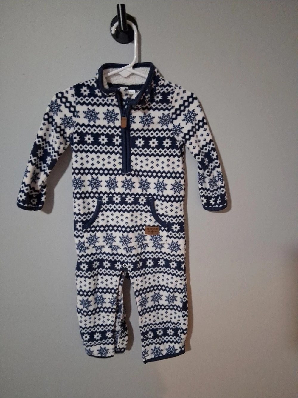 Carter's Navy & White Snowflake Fleece One Piece Romper